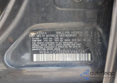 2006 BMW 330Xi from USA, damaged, VIN WBAVD33526KV66724